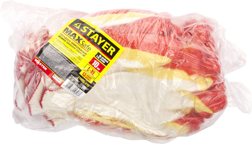 STAYER EXPERT-2, эластичные, натуральный хлопок, 10 пар, размер L-XL, перчатки с двойным латексным обливом (11409-H10)