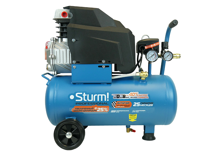 Компрессор воздушный масляный Sturm! AC93124P, 2кВт, 320л/мин, ресивер24л, прямой привод, Professional