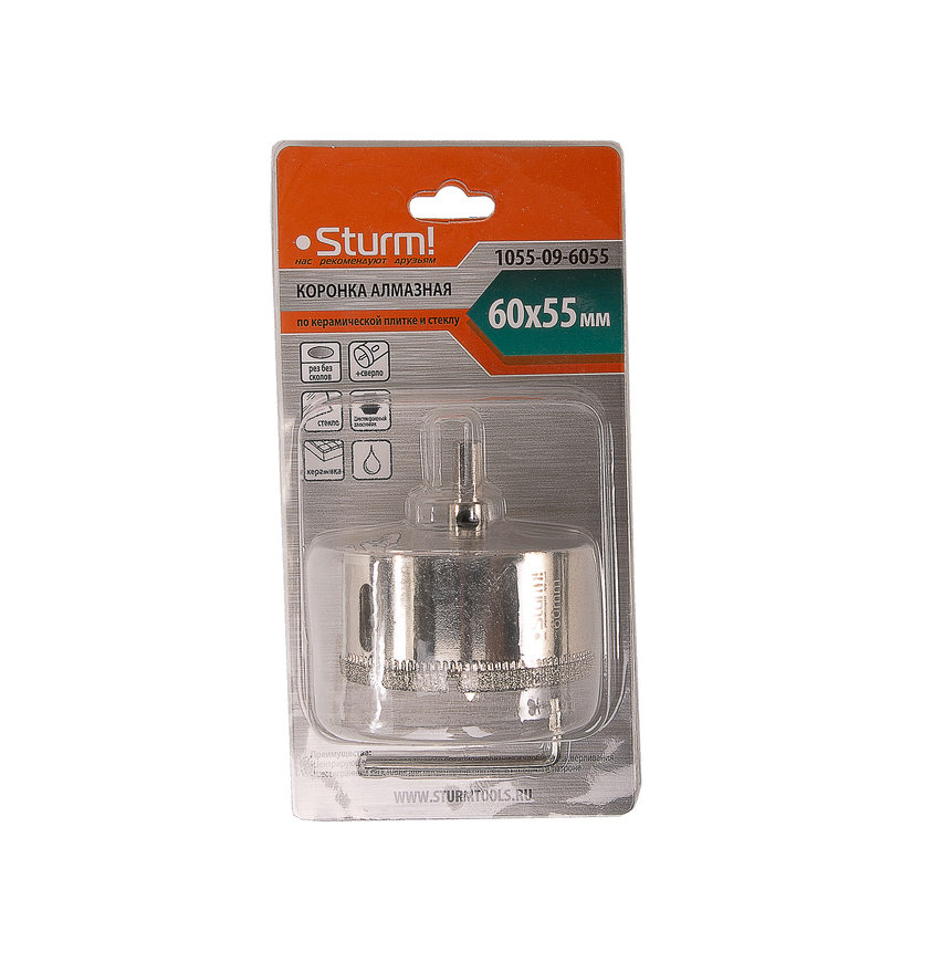 Коронка алмазн. По керам. Плитке и стеклу 60 х 55 мм,  с центрир. Сверл. Sturm!