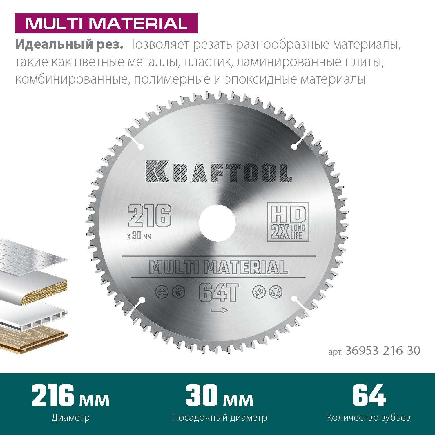 KRAFTOOL Multi Material 216х30мм 64Т, диск пильный