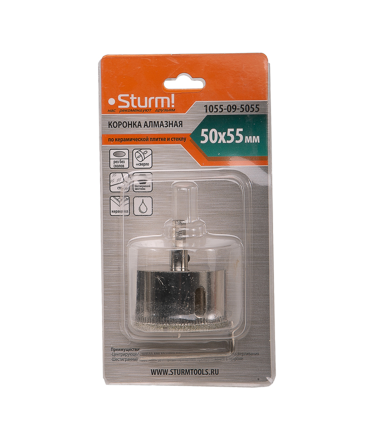 Коронка алмазн. По керам. Плитке и стеклу 50 х 55 мм,  с центрир. Сверл. Sturm!
