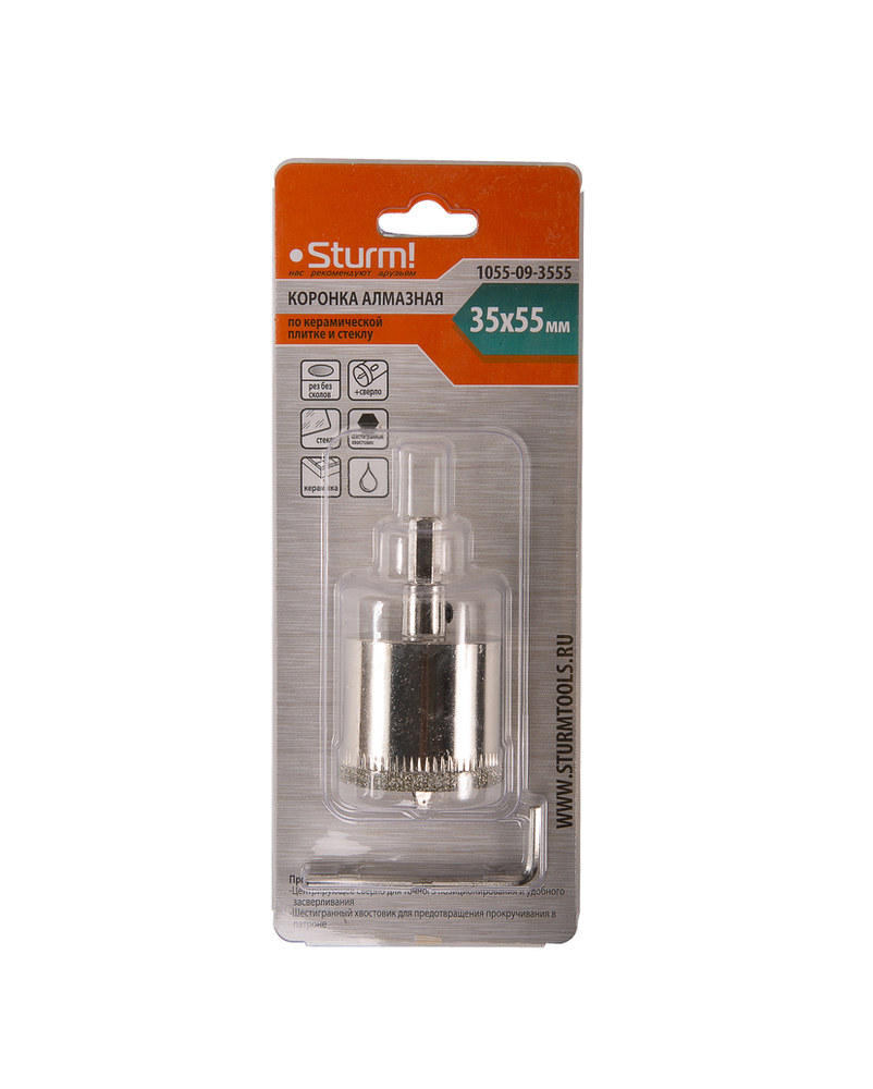 Коронка алмазн. По керам. Плитке и стеклу 35 х 55 мм с центрир. Сверл. Sturm!