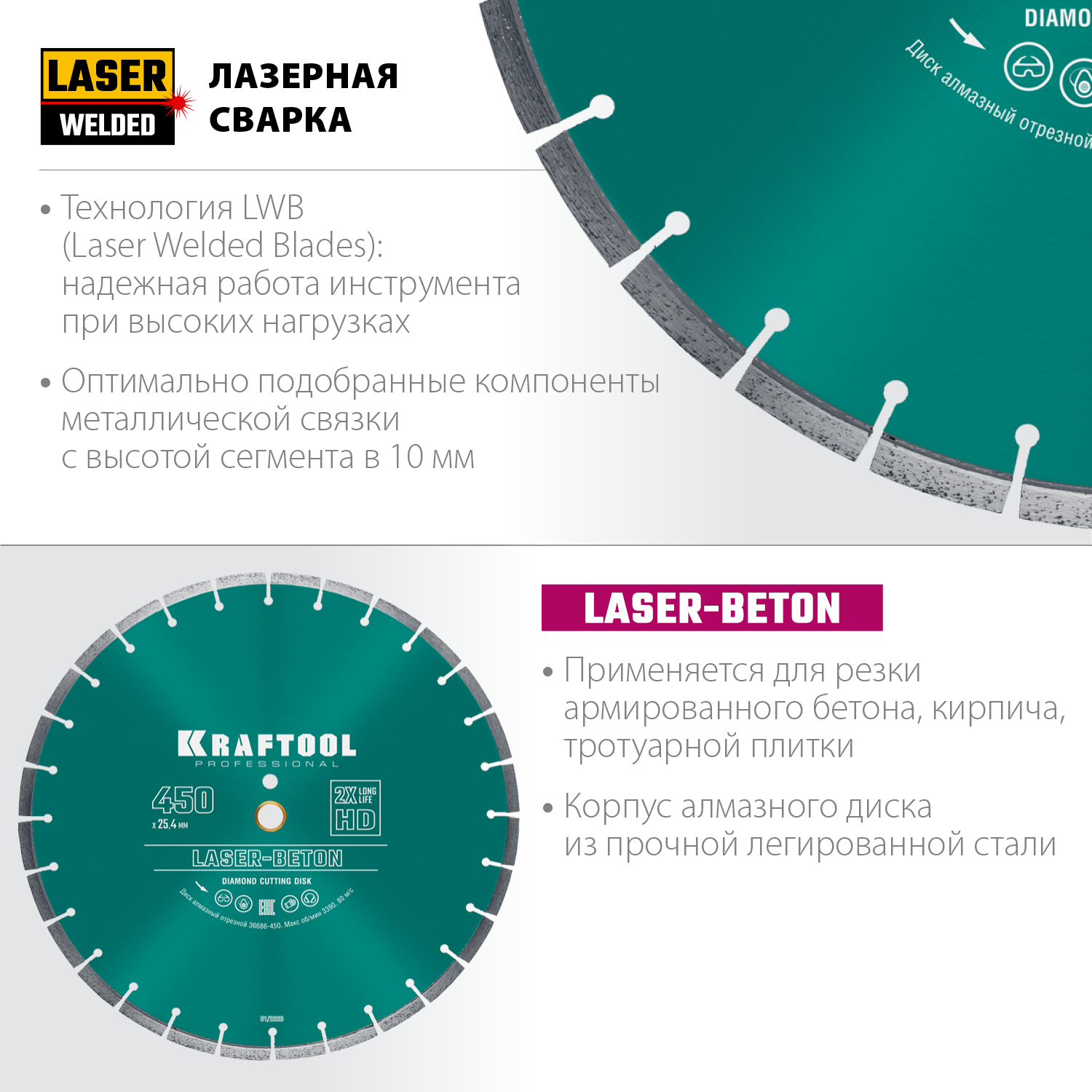 KRAFTOOL LASER- BETON 450 мм (25.4/20 мм, 10х4.0 мм), алмазный диск (36686-450)