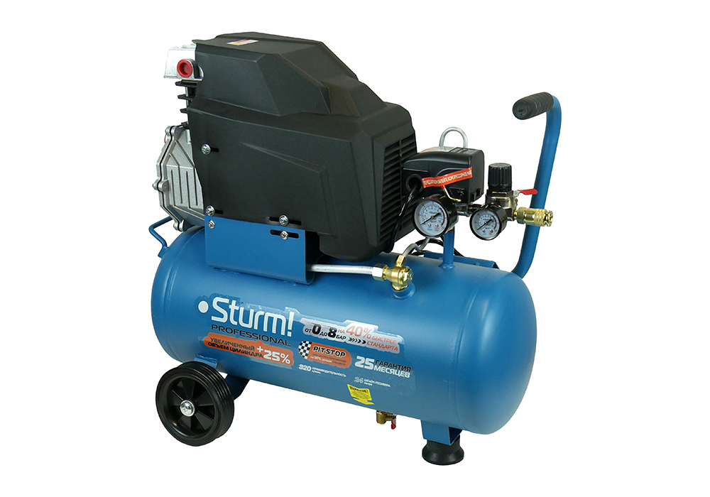 Компрессор воздушный масляный Sturm! AC93124P, 2кВт, 320л/мин, ресивер24л, прямой привод, Professional