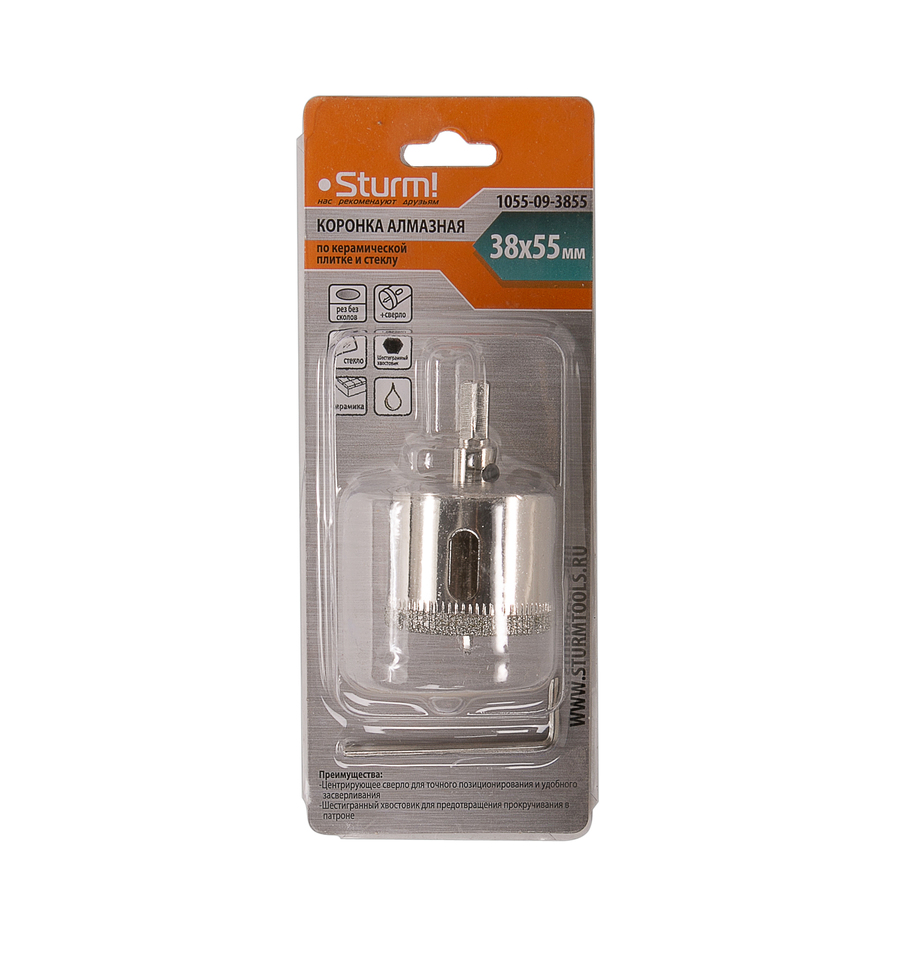 Коронка алмазн. По керам. Плитке и стеклу 38x55 мм,  с центрир. Сверл. Sturm!