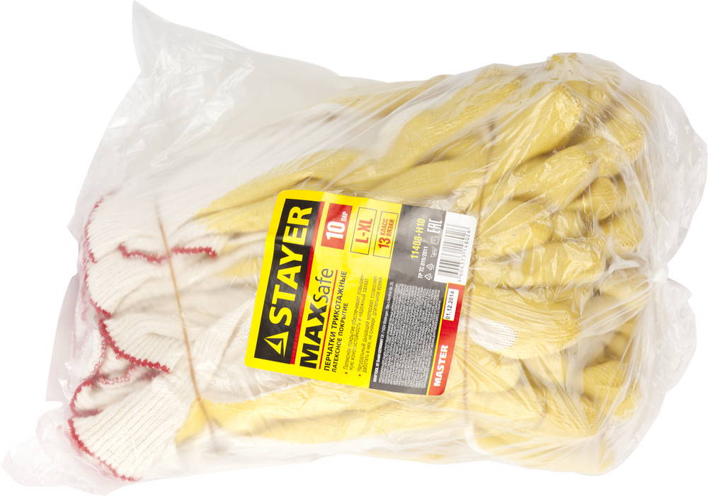 STAYER PROTECT, эластичные, натуральный хлопок, 10 пар, размер L-XL, перчатки с латексным обливом (11408-H10)